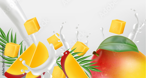 Mango fruit with milk splash Vector realistic. Detailed elements design. 3d i...