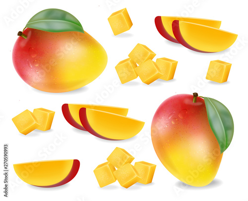 Mango fruit slices set Vector realistic. Detailed elements design. 3d illustrations