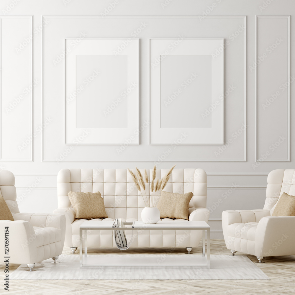 Mock up poster in luxury classic style living room interior, 3d render - obrazy, fototapety, plakaty 
