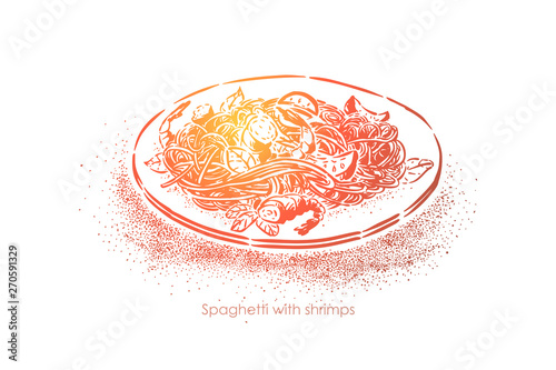 Spaghetti with shrimps, boiled noodles with seafood, delicious gourmet dinner, national cuisine, pasta with prawns