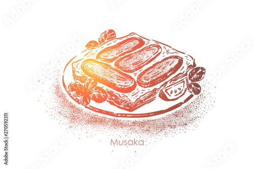 Greek musaka, layered dish, aubergines with olive oil, mutton and tomatoes with bechamel sauce