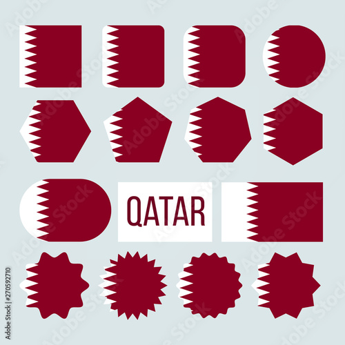 Qatar Flag Collection Figure Icons Set Vector. White Band Separated From Maroon Area On Fly Side By Nine Triangles Which Act As Serrated Line On Symbol Of Qatar. Flat Cartoon Illustration