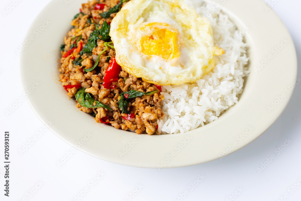 Rice topped with stir-fried pork with holy basil and fried egg