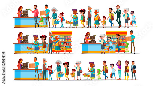 People Waiting In Long Queue To Cashier Set Vector. Characters Customer Young And Old Man With Woman, Teenager And Children With Purchase In Supermarket Near Cashier. Flat Cartoon Illustration