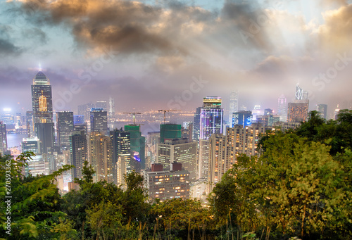 Panorama of Hong Kong City skyline. Night view from The peak Hongkong