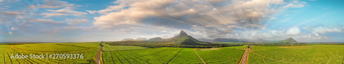 Panoramic sunset view of Mt Rempart and surrounding meadows, Mauritius
