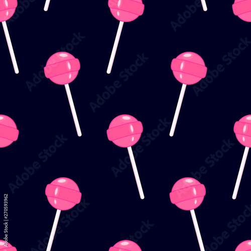 Seamless pattern with pink lollipops isolated on black background. Cartoon retro style sweet candy vector wallpaper.