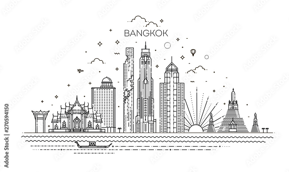 Fototapeta premium Tajlandia i atrakcje turystyczne Bangkoku. Ilustracja wektorowa - wektor