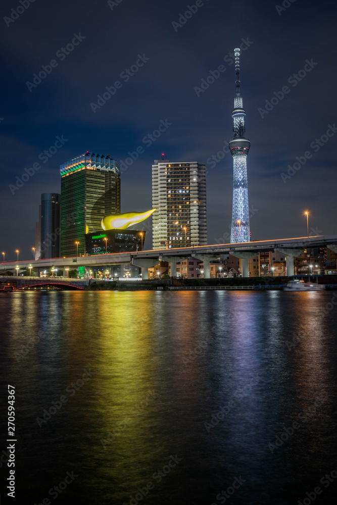 View of the Skytree Tower with the reflection in the river at night. Portrait orientation.