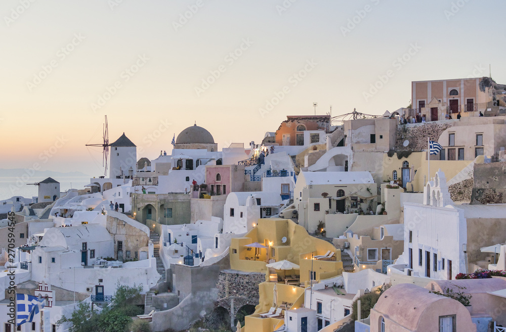 Sunset skyline of Oia, Santorini Island, Greece