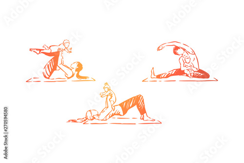Women with toddlers doing gymnastics, family fitness exercise, moms and children health care, baby yoga set