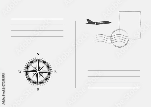 Vector Postcard with airplane and compass. Postal card for travel.