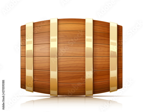 Wooden barrel. Vessel for keeping wine, beer and beverage. Equipment for pub and wine cellar. Whisky keg. Lager oak capacities. Isolated on white background. Eps10 vector illustration.