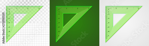 School supplies. Measuring tool. Green plastic transparent triangle ruler 7 cm and 3 inch