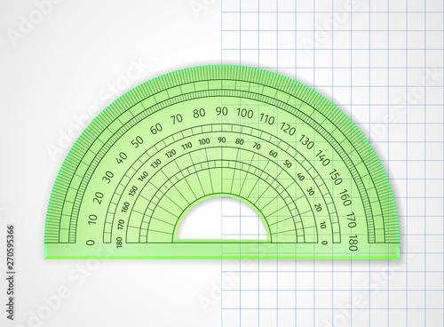 School supplies. Measuring tool. Green transparent plastic protractor