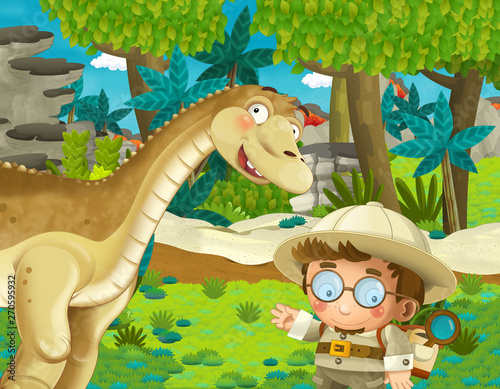 cartoon scene with professor in the jungle meeting dinosaur on the way - illustration for children © honeyflavour