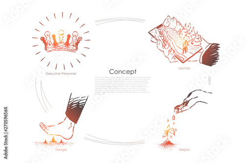 Employees as chess pawns, hiking trip on smartphone screen, step on sharp objects, sprout watering, metaphors banner