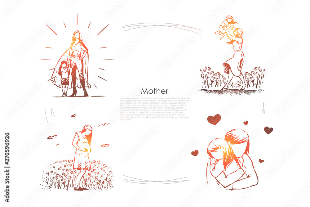 Feminine happiness, super mom with daughter, parent playing with kid outdoor, hugging, pregnancy, maternity banner Feminine happiness, super mom with daughter, parent playing with kid outdoor, hugging, pregnancy, maternity banner