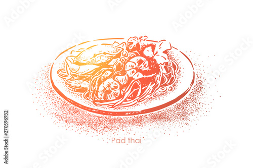 Pad thai, national asian dish, tasty fried rice noodles with fragrant sauce and seafood, oriental cuisine
