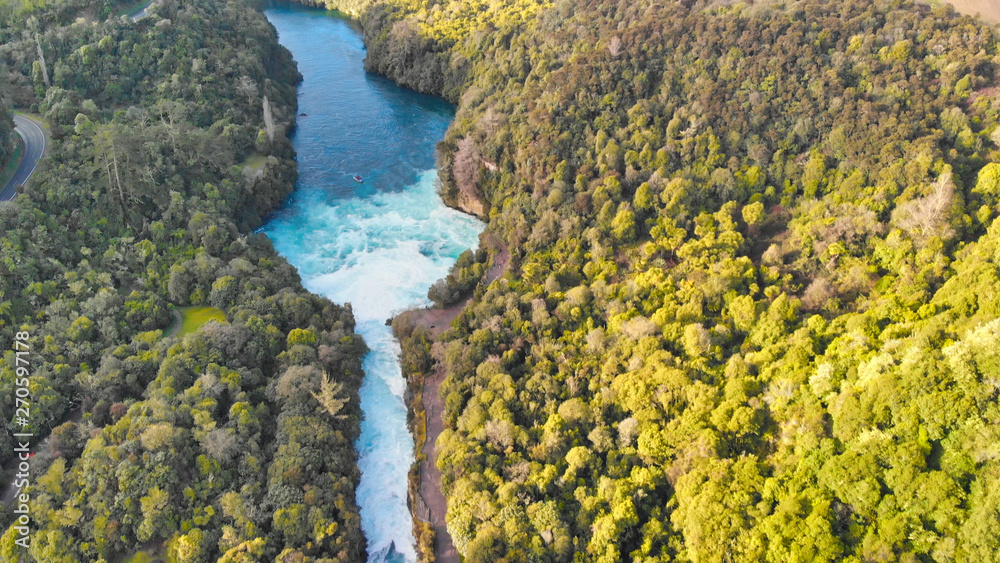 Huka Falls, New Zealand. Aerial view from drone