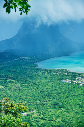 Le Morne mountain  under the clouds aerial view from Mauritius hill