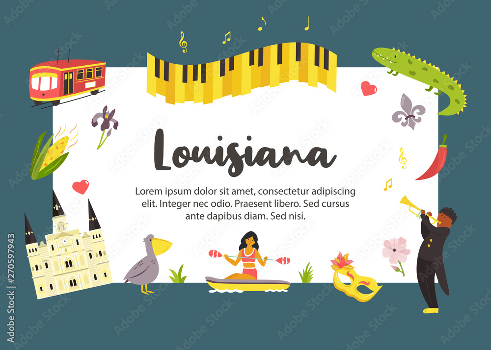 Naklejka premium Louisiana poster with symbols and elements
