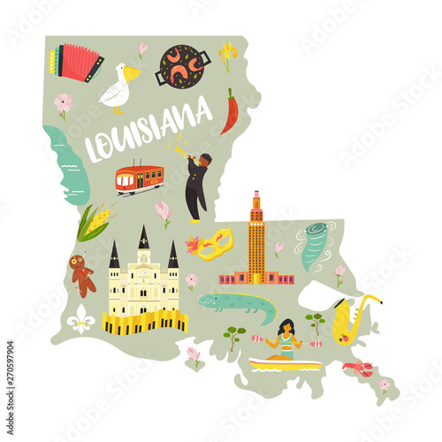 Louisiana Cartoon map with landmarks and symbols