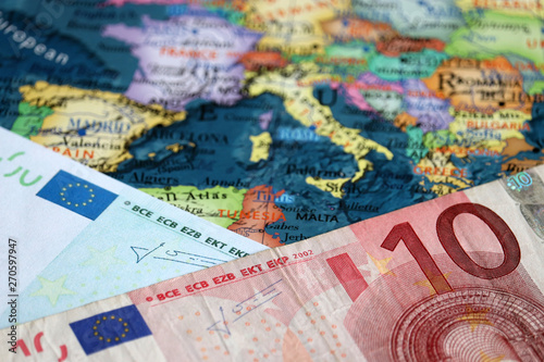 Fototapeta Naklejka Na Ścianę i Meble -  Euro banknote on the Europe map. Concept for Eurozone, European economy, stock market in EU