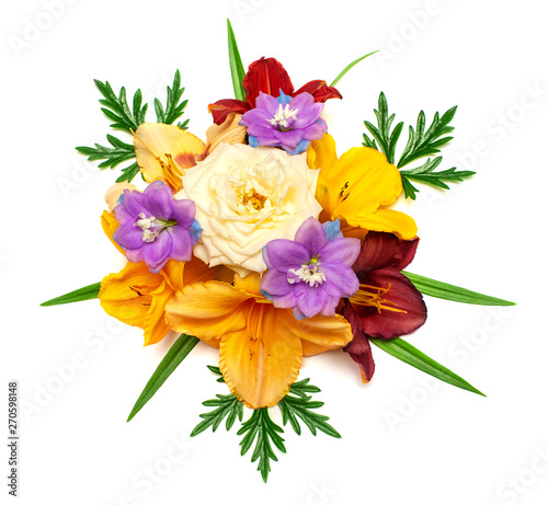 Floral pattern with flowers daylily, delphinium, rose and chamomile isolated on white. Flat lay, top view. Valentine's background. Creative composition. Object, macro