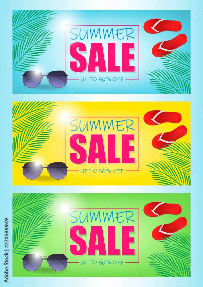 Summer sale vector banner set with 50 off discount text and summer elements in colorful backgrounds for web shopping promotions. Colors blue, yellow, green. Vector illustration.