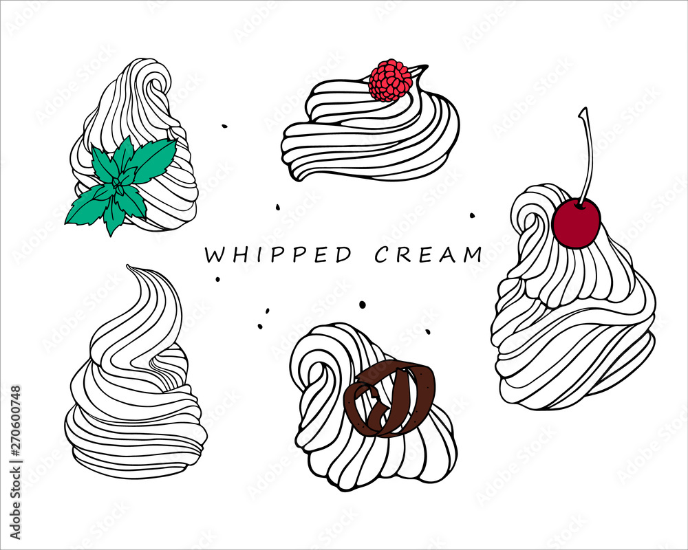 Whipped cream, yogurt, ice cream with cherry, raspberry, mint leaves and  chocolate chips. A set of graphic hand drawn elements. Stock Vector | Adobe  Stock