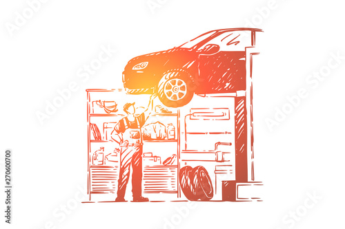 Car repair shop, vehicle workshop, young mechanic in overalls, faceless repairman, handyman fixing auto