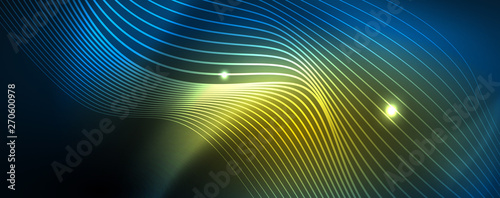 Smooth wave lines on blue neon color light background. Glowing abstract wave on dark, shiny motion, magic space light