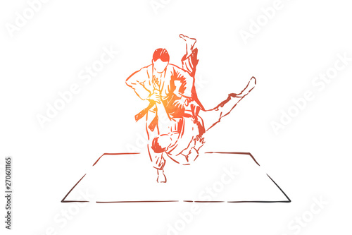 Judo sparring, young men in kimono with belts, faceless athletes, combat practice, self defence exercise