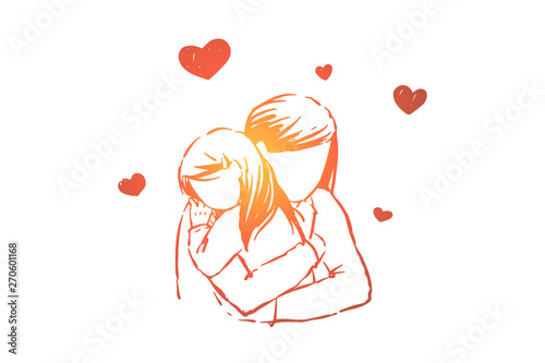Mom hugs daughter, young woman and little girl embrace, faceless parent, happy motherhood, mother day