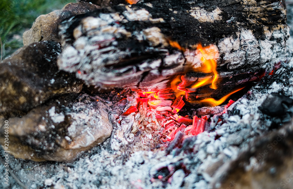 The embers in the fire, the fire on the campsite, bonfire The embers in the fire, the fire on the campsite, bonfire