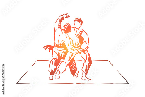 Karate or judo sparring, traditional oriental martial arts, young fighters in kimono practicing footboard
