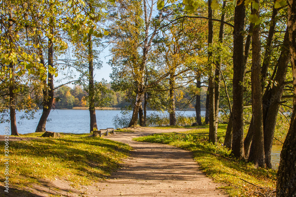 Beautiful autumn park near the lake in Trakai. Lithuania