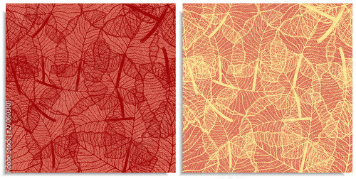 A vector set of a seamless pattern with sprigs of jungles leaves. Hand-drawn on sheet at the graphic style. Lines, compound path. Warm color shades, alocasia, colocasia jungle. Looks like web or lace.