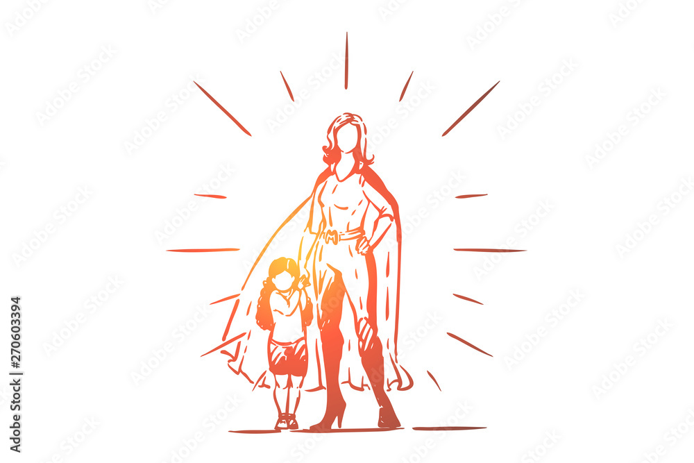 Best mother and daughter holding hands, female superhero in costume with cape, little girl with parent, motherhood