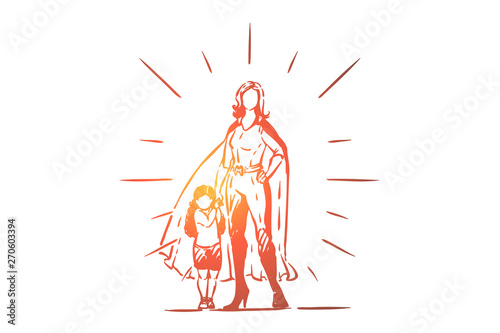 Best mother and daughter holding hands, female superhero in costume with cape, little girl with parent, motherhood