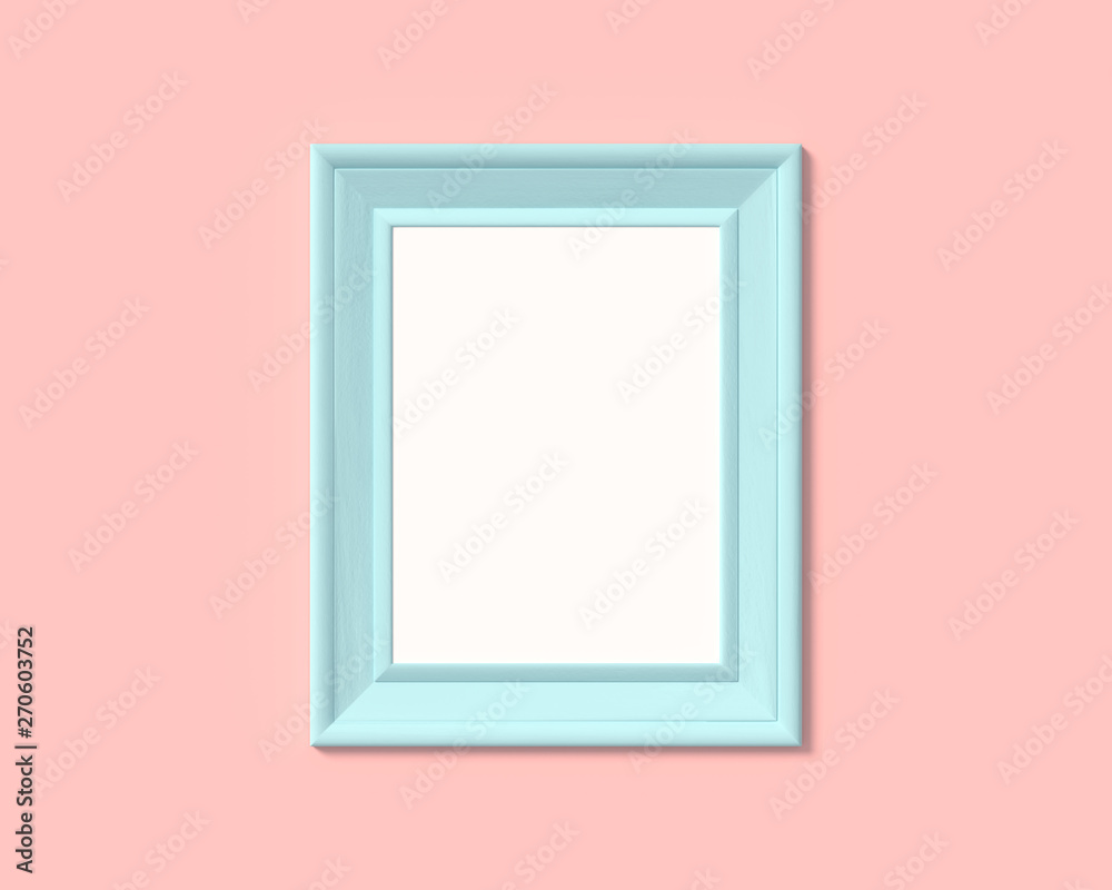 3x4 Vertical Portrait picture frame mockup. Realisitc paper, wooden or plastic blue blank for photographs. Isolated poster frame mock up template on pink rose background. 3D render.
