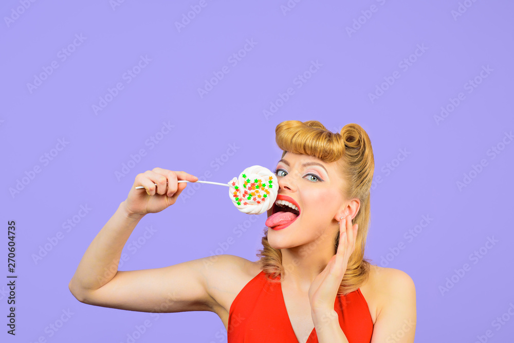 Lollipop. Sweet food. Sweets. Dessert. Happy woman licks lollipop. Pin up model with lollipop in hand. Sexy girl with colourful candy. Candy store. Candy shop. Candy bar. Lollipop. Sweet food. Sweets. Dessert. Happy woman licks lollipop. Pin up model with lollipop in hand. Sexy girl with colourful candy. Candy store. Candy shop. Candy bar.