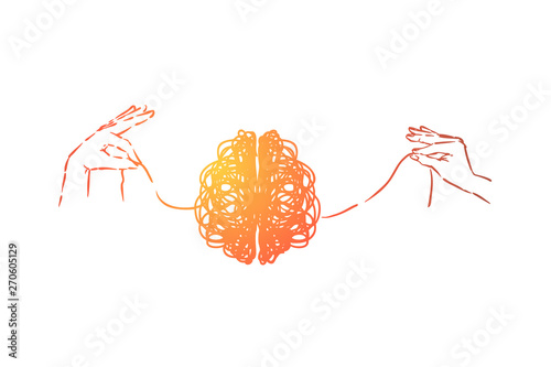 Scribble brain, hands untangling mind thread, problem solving metaphor