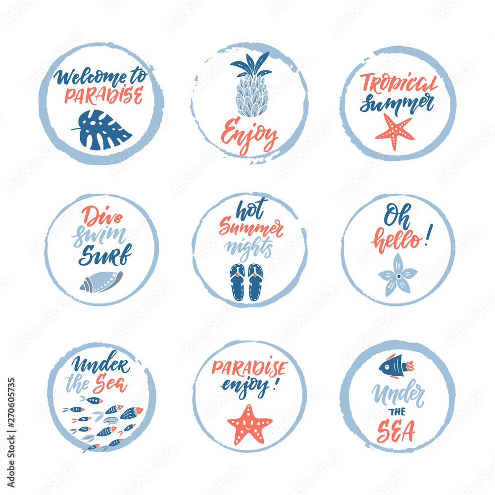 Hand drawn labels, stickers of summer with hand lettering Hand drawn labels, stickers of summer with hand lettering