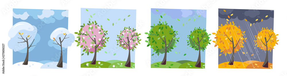 Four seasons landscape. Summer, fall, spring and winter trees. Different  times of year. Set of four non-parallel pictures with view of nature. Flat  cartoon illustration. Trees with round crown Stock Illustration