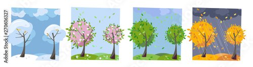 Four seasons landscape. Summer, fall, spring and winter trees. Different times of year. Set of four non-parallel pictures with view of nature. Flat cartoon illustration. Trees with round crown