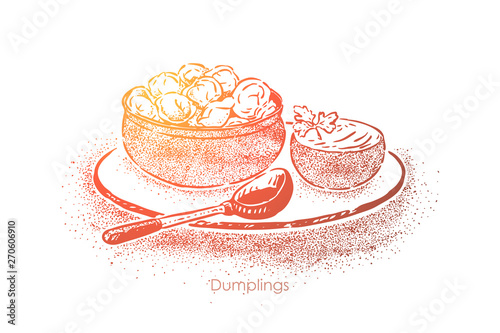 Dumplings bowl with sour cream, dough with meat filling, national cuisine, homemade lunch, breakfast