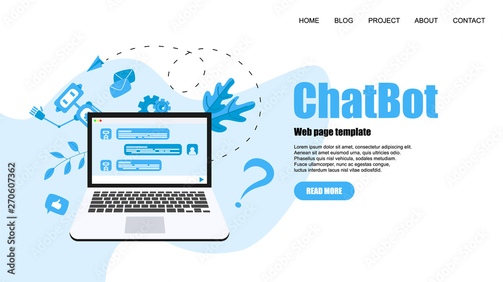 Webpage Template. Chatbot business concept. Communication with chatbot. Artificial intelligence in customer support Webpage Template. Chatbot business concept. Communication with chatbot. Artificial intelligence in customer support