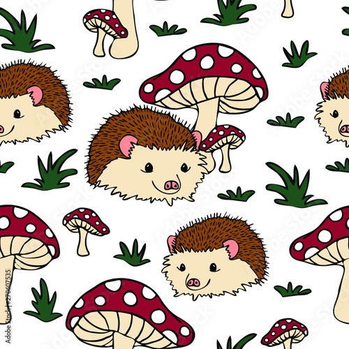 Seamless pattern with hedgehogs and mushrooms. White background. Perfect for kids apparel,fabric, textile, nursery decoration,wrapping paper